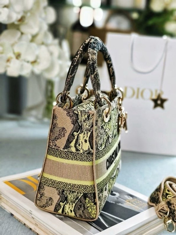 Christian Dior Lady D-Lite Medium Bag 24cm Toile de Jouy Embroidery, Gold/Black