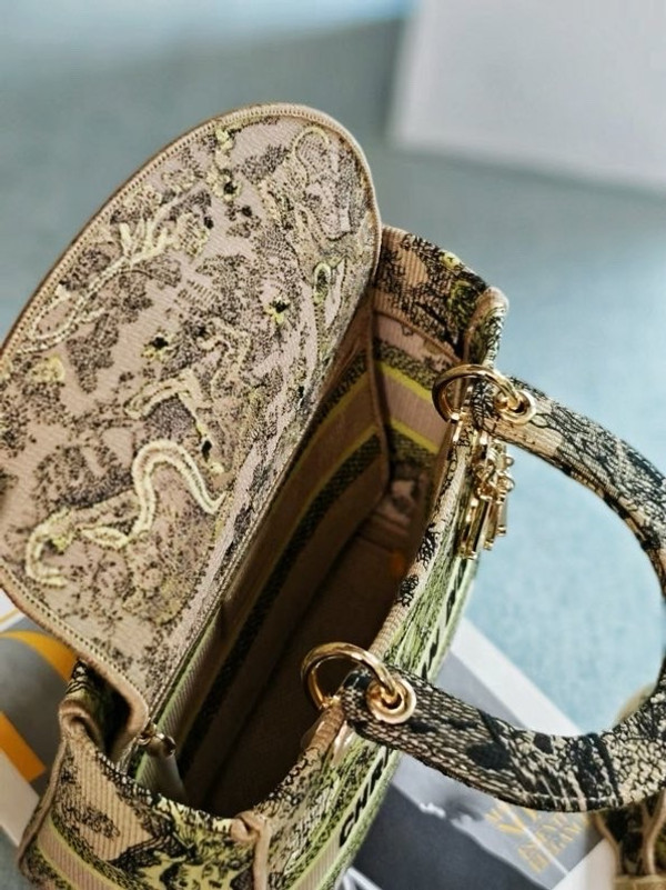 Christian Dior Lady D-Lite Medium Bag 24cm Toile de Jouy Embroidery, Gold/Black