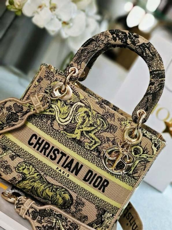 Christian Dior Lady D-Lite Medium Bag 24cm Toile de Jouy Embroidery, Gold/Black