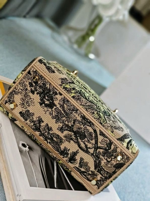 Christian Dior Lady D-Lite Medium Bag 24cm Toile de Jouy Embroidery, Gold/Black