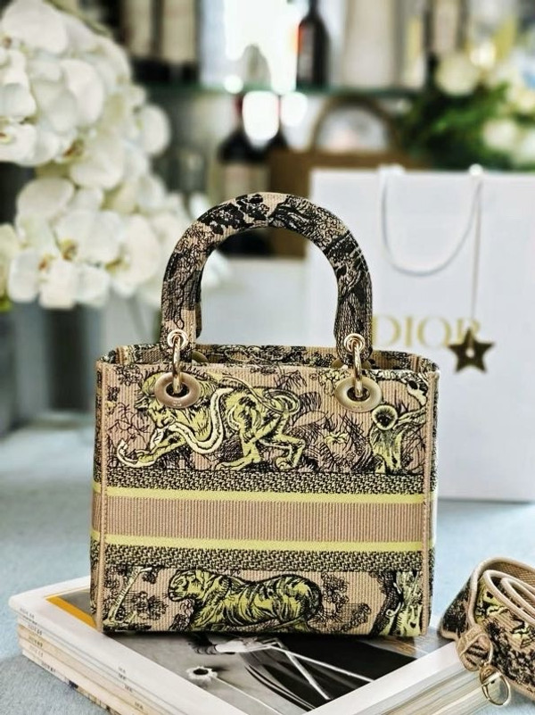 Christian Dior Lady D-Lite Medium Bag 24cm Toile de Jouy Embroidery, Gold/Black