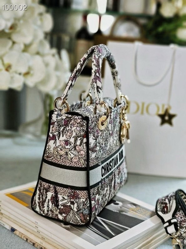Christian Dior Lady D-Lite Medium Bag 24cm 4 Saisons Hiver Embroidery, White Multicolor