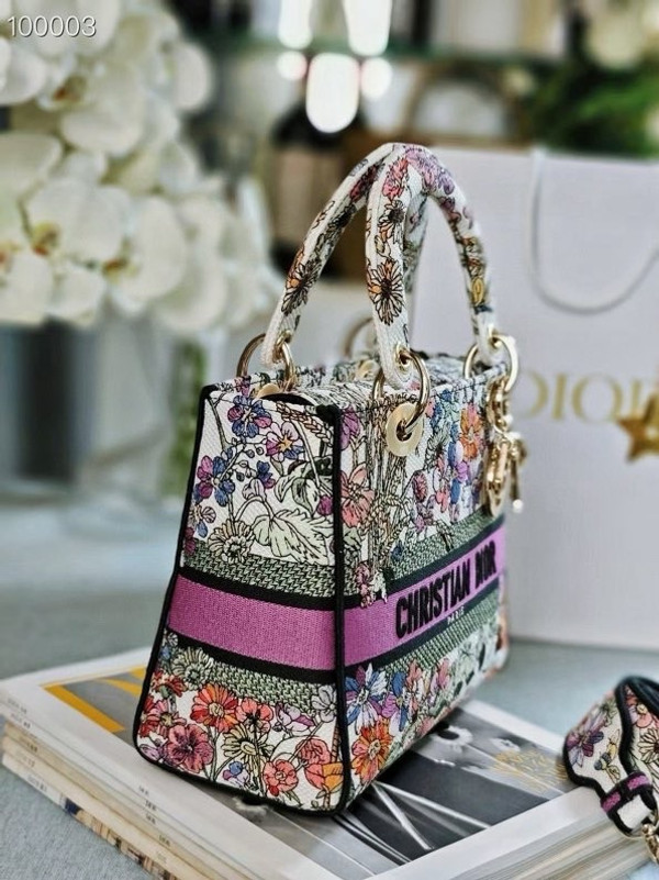 Christian Dior Lady D-Lite Medium Bag 24cm 4 Saisons Été Embroidery, White Multicolor