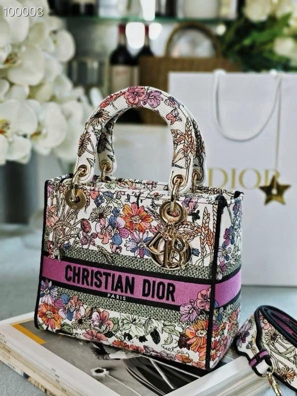 Christian Dior Lady D-Lite Medium Bag 24cm 4 Saisons Été Embroidery, White Multicolor