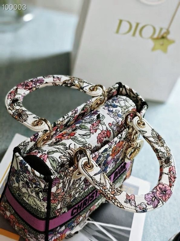 Christian Dior Lady D-Lite Medium Bag 24cm 4 Saisons Été Embroidery, White Multicolor