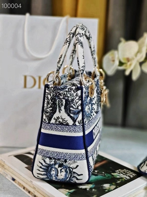 Christian Dior Lady D-Lite Medium Bag 24cm Toile de Jouy Soleil Embroidery, White and Blue