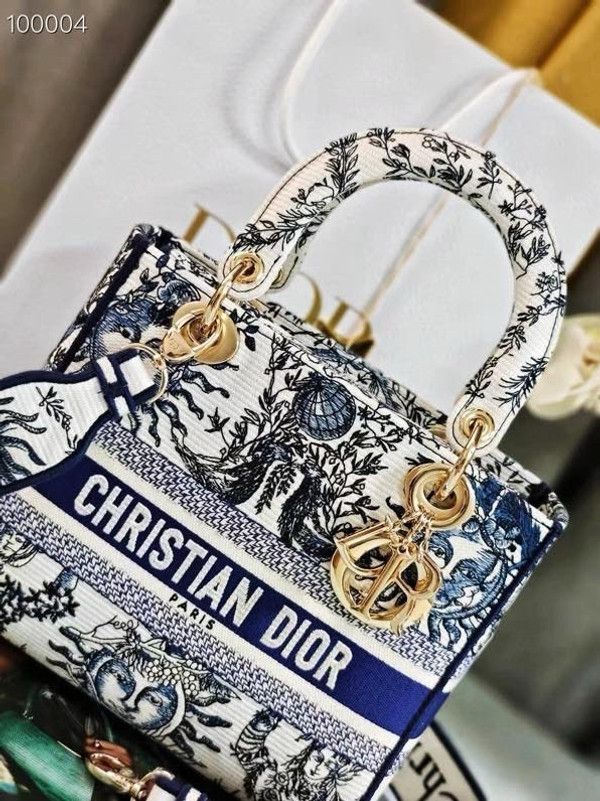 Christian Dior Lady D-Lite Medium Bag 24cm Toile de Jouy Soleil Embroidery, White and Blue