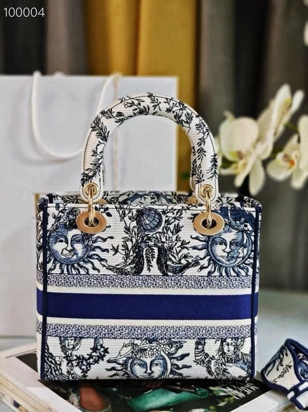 Christian Dior Lady D-Lite Medium Bag 24cm Toile de Jouy Soleil Embroidery, White and Blue