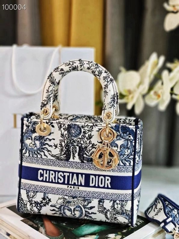 Christian Dior Lady D-Lite Medium Bag 24cm Toile de Jouy Soleil Embroidery, White and Blue
