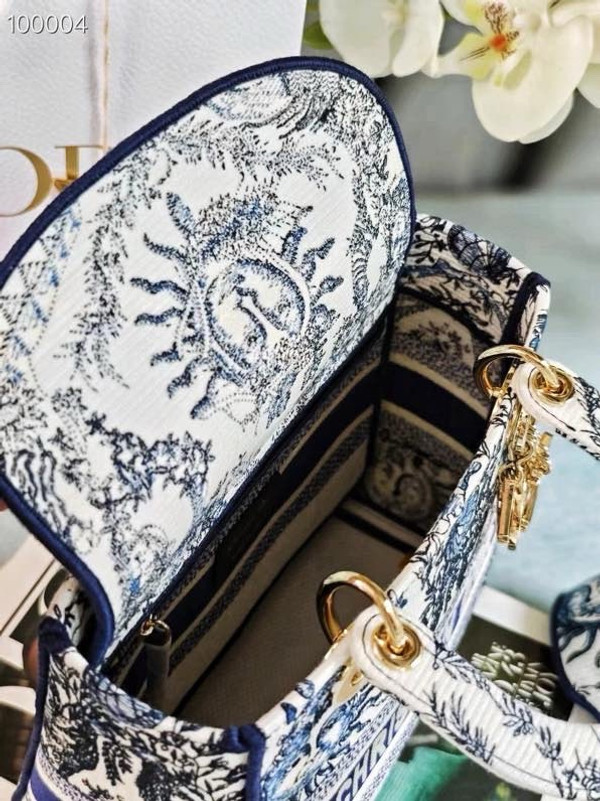 Christian Dior Lady D-Lite Medium Bag 24cm Toile de Jouy Soleil Embroidery, White and Blue