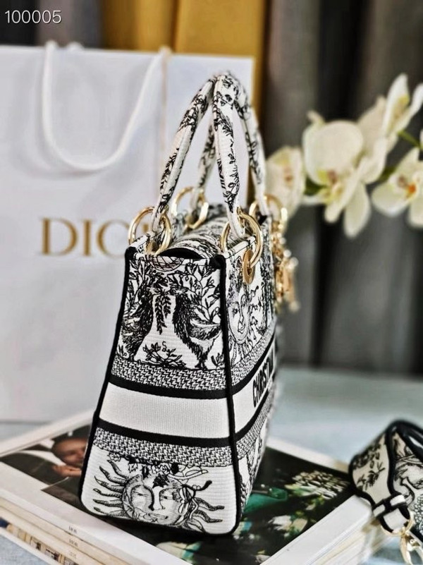 Christian Dior Lady D-Lite Medium Bag 24cm Toile de Jouy Soleil Embroidery, White and Black
