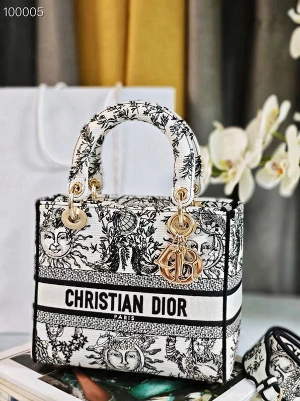 Christian Dior Lady D-Lite Medium Bag 24cm Toile de Jouy Soleil Embroidery, White and Black