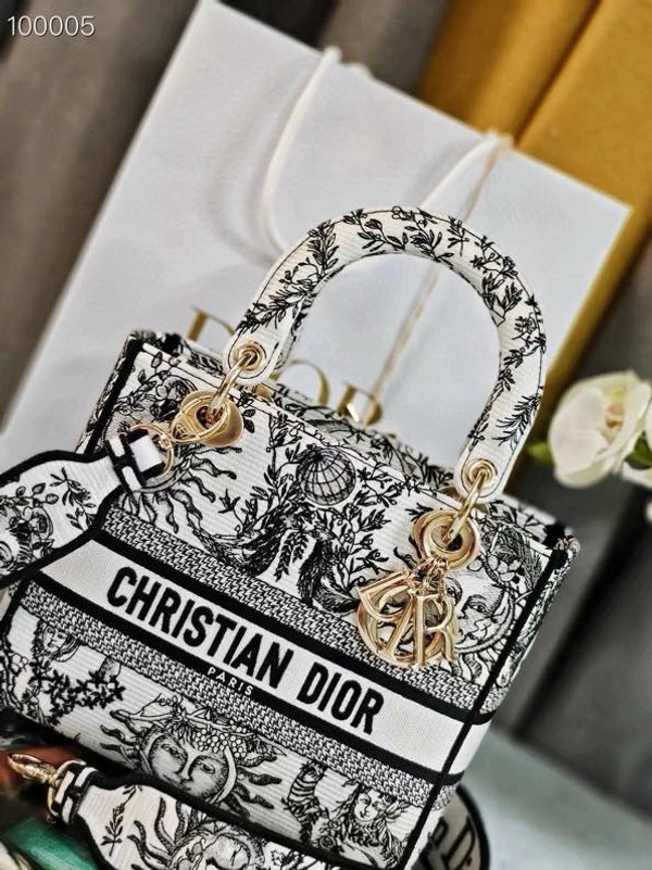 Christian Dior Lady D-Lite Medium Bag 24cm Toile de Jouy Soleil Embroidery, White and Black