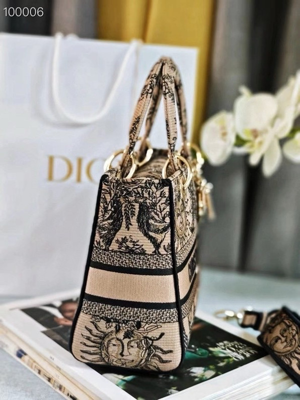 Christian Dior Lady D-Lite Medium Bag 24cm Toile de Jouy Soleil Embroidery, Beige and Black