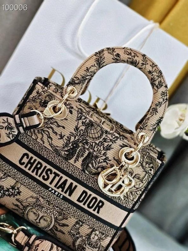 Christian Dior Lady D-Lite Medium Bag 24cm Toile de Jouy Soleil Embroidery, Beige and Black