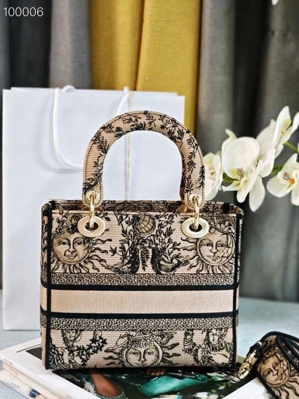 Christian Dior Lady D-Lite Medium Bag 24cm Toile de Jouy Soleil Embroidery, Beige and Black
