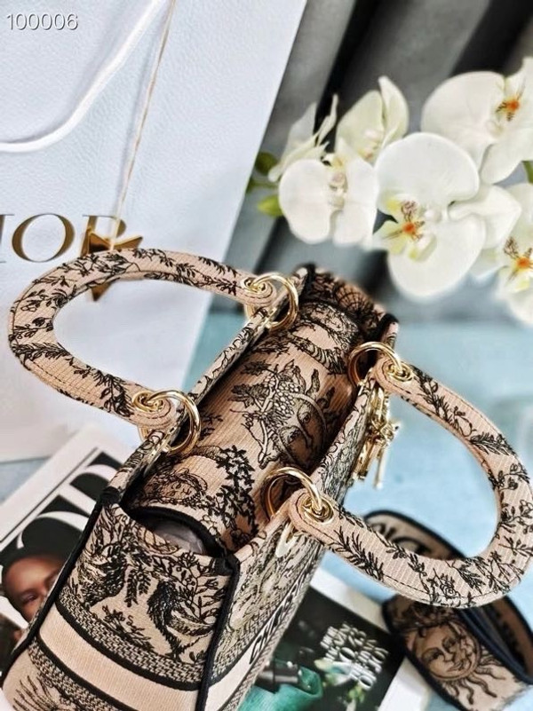 Christian Dior Lady D-Lite Medium Bag 24cm Toile de Jouy Soleil Embroidery, Beige and Black