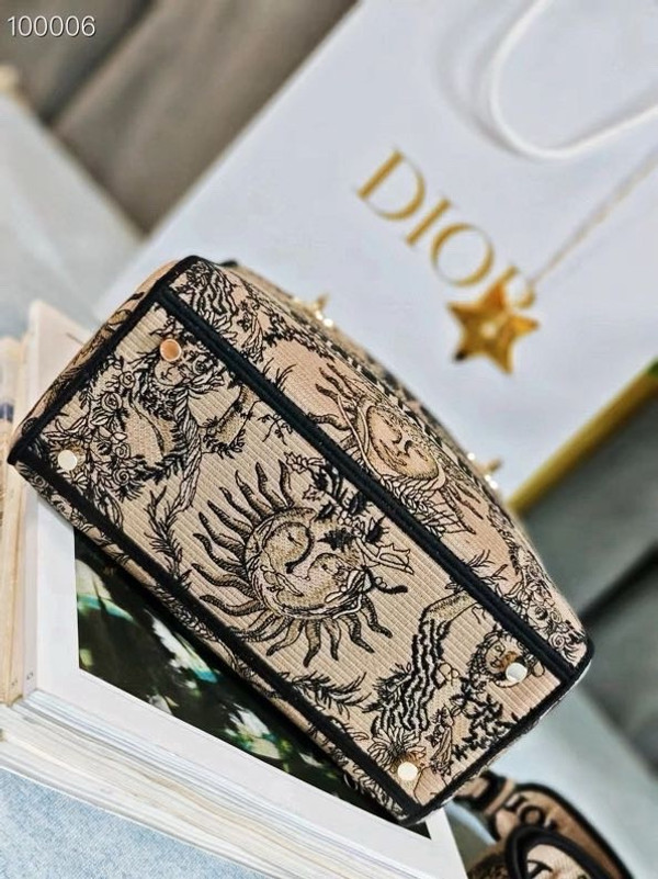 Christian Dior Lady D-Lite Medium Bag 24cm Toile de Jouy Soleil Embroidery, Beige and Black