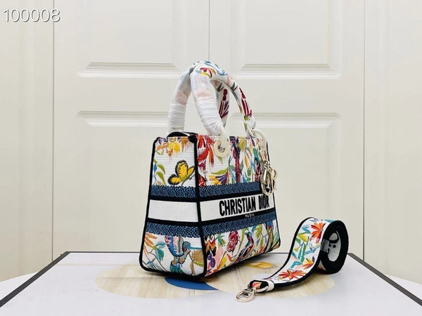Christian Dior Lady D-Lite Medium Bag 24cm Toile de Jouy Fantastica Embroidery, White Multicolor