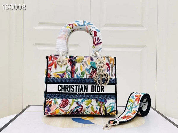 Christian Dior Lady D-Lite Medium Bag 24cm Toile de Jouy Fantastica Embroidery, White Multicolor
