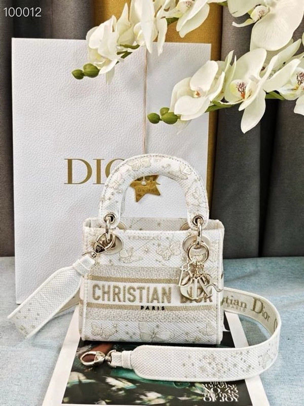 Christian Dior Lady D-Lite Mini Bag 18cm Butterfly Around The World Motif Pietro Ruffo Embroidery, White and Gold-Tone