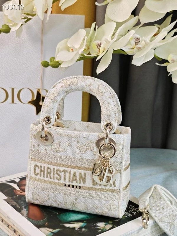 Christian Dior Lady D-Lite Mini Bag 18cm Butterfly Around The World Motif Pietro Ruffo Embroidery, White and Gold-Tone