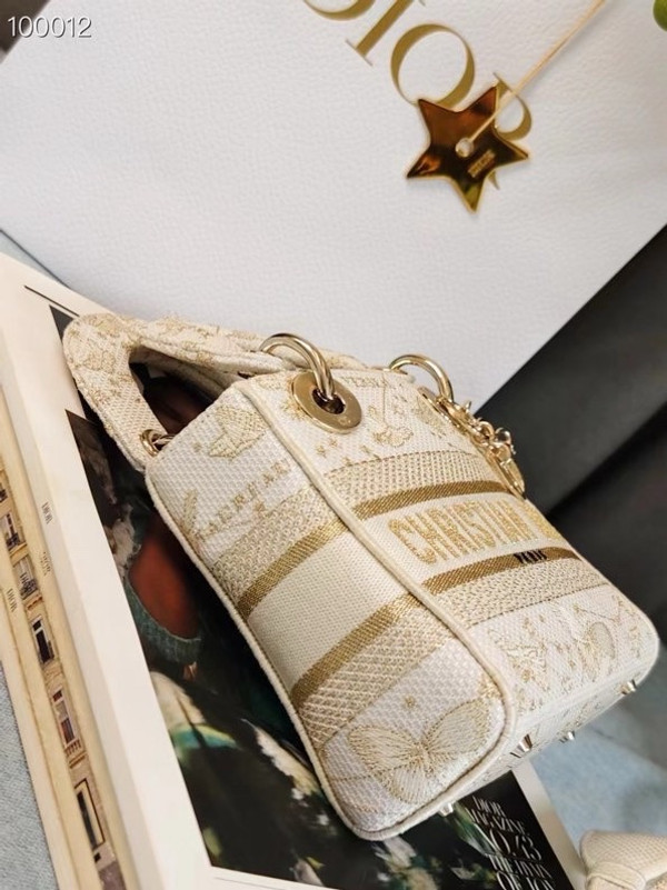 Christian Dior Lady D-Lite Mini Bag 18cm Butterfly Around The World Motif Pietro Ruffo Embroidery, White and Gold-Tone