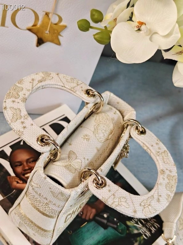 Christian Dior Lady D-Lite Mini Bag 18cm Butterfly Around The World Motif Pietro Ruffo Embroidery, White and Gold-Tone