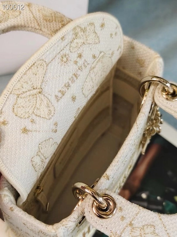 Christian Dior Lady D-Lite Mini Bag 18cm Butterfly Around The World Motif Pietro Ruffo Embroidery, White and Gold-Tone