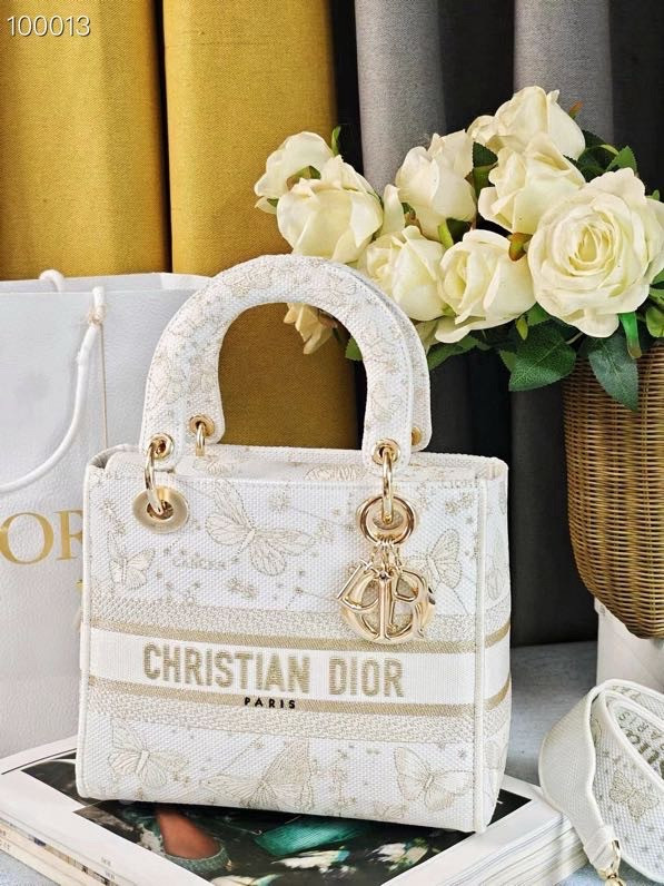 Christian Dior Lady D-Lite Medium Bag 24cm Butterfly Zodiac Motif Pietro Ruffo Embroidery, White and Gold-Tone