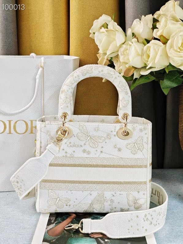 Christian Dior Lady D-Lite Medium Bag 24cm Butterfly Zodiac Motif Pietro Ruffo Embroidery, White and Gold-Tone