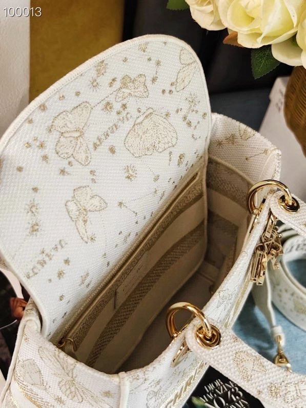 Christian Dior Lady D-Lite Medium Bag 24cm Butterfly Zodiac Motif Pietro Ruffo Embroidery, White and Gold-Tone