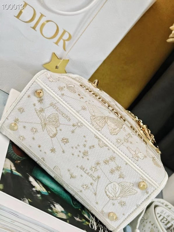 Christian Dior Lady D-Lite Medium Bag 24cm Butterfly Zodiac Motif Pietro Ruffo Embroidery, White and Gold-Tone