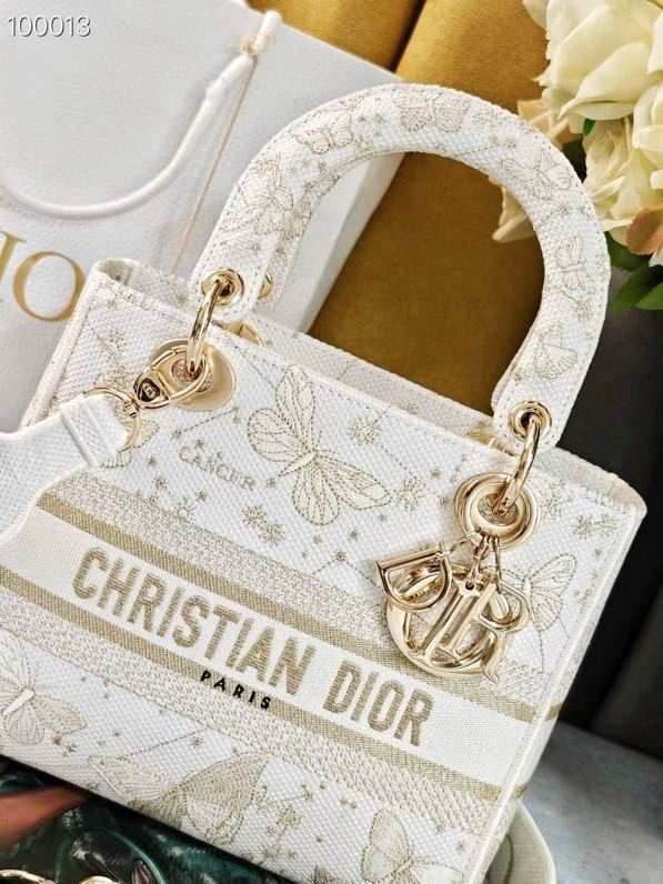 Christian Dior Lady D-Lite Medium Bag 24cm Butterfly Zodiac Motif Pietro Ruffo Embroidery, White and Gold-Tone