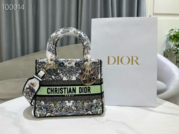 Christian Dior Lady D-Lite Medium Bag 24cm Butterfly Around The World Pietro Ruffo Embroidery, White and Green