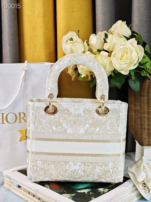 Christian Dior Lady D-Lite Medium Bag 24cm Butterfly Around The World Motif Pietro Ruffo Embroidery, White and Gold-Tone