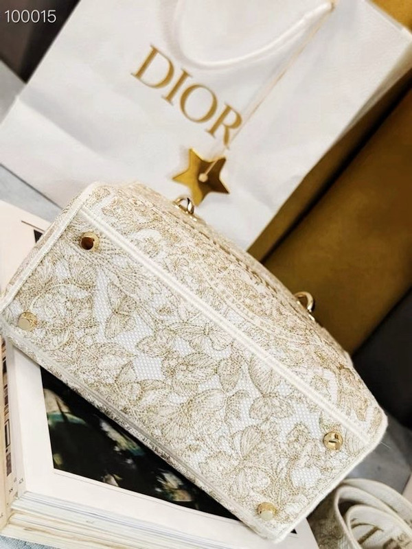 Christian Dior Lady D-Lite Medium Bag 24cm Butterfly Around The World Motif Pietro Ruffo Embroidery, White and Gold-Tone