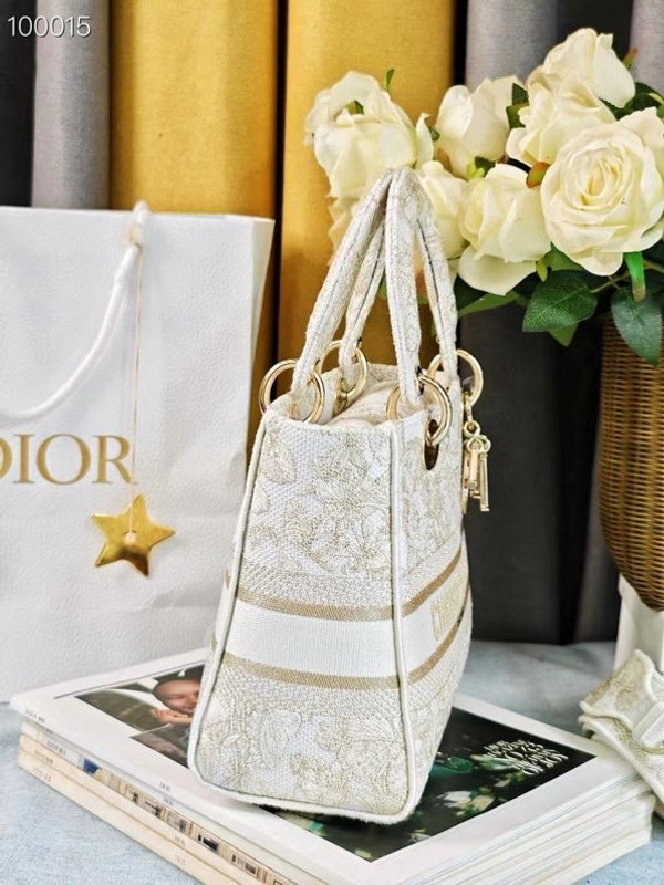 Christian Dior Lady D-Lite Medium Bag 24cm Butterfly Around The World Motif Pietro Ruffo Embroidery, White and Gold-Tone
