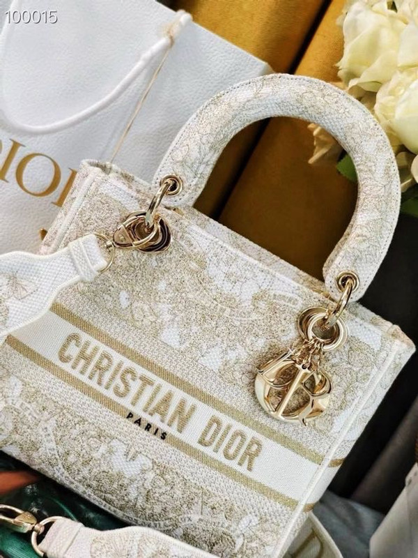 Christian Dior Lady D-Lite Medium Bag 24cm Butterfly Around The World Motif Pietro Ruffo Embroidery, White and Gold-Tone