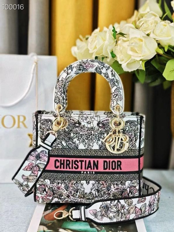 Christian Dior Lady D-Lite Medium Bag 24cm Butterfly Around The World Pietro Ruffo Embroidery, White and Pastel Pink