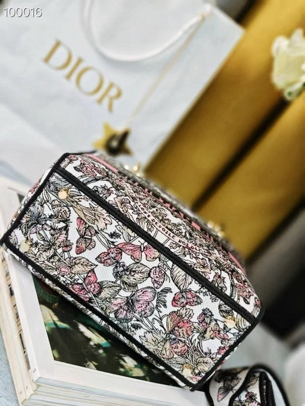 Christian Dior Lady D-Lite Medium Bag 24cm Butterfly Around The World Pietro Ruffo Embroidery, White and Pastel Pink