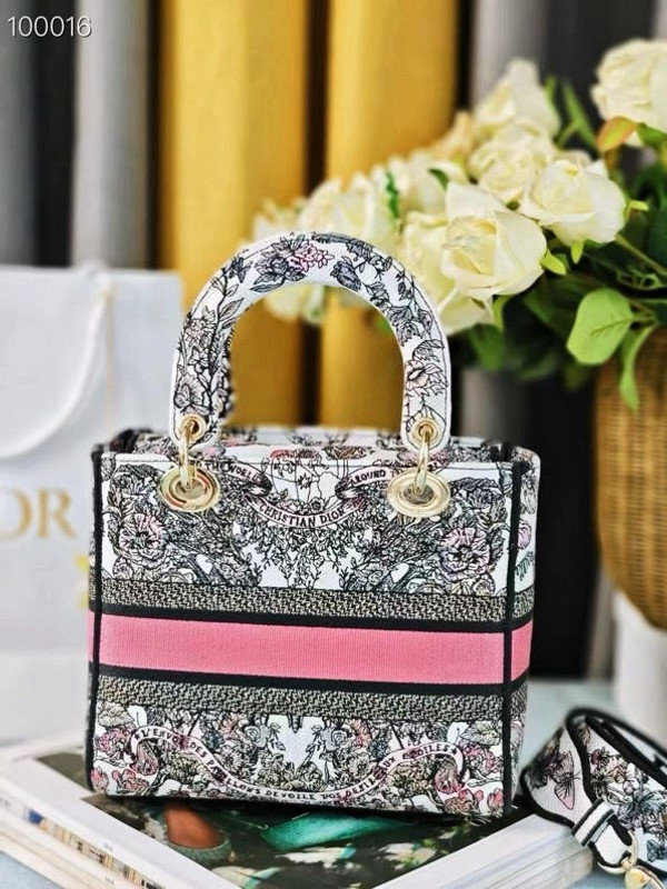 Christian Dior Lady D-Lite Medium Bag 24cm Butterfly Around The World Pietro Ruffo Embroidery, White and Pastel Pink