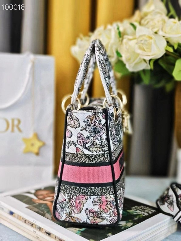 Christian Dior Lady D-Lite Medium Bag 24cm Butterfly Around The World Pietro Ruffo Embroidery, White and Pastel Pink