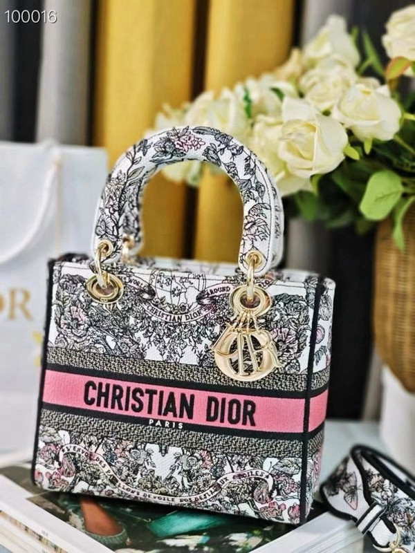 Christian Dior Lady D-Lite Medium Bag 24cm Butterfly Around The World Pietro Ruffo Embroidery, White and Pastel Pink