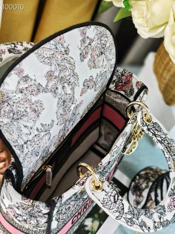 Christian Dior Lady D-Lite Medium Bag 24cm Butterfly Around The World Pietro Ruffo Embroidery, White and Pastel Pink