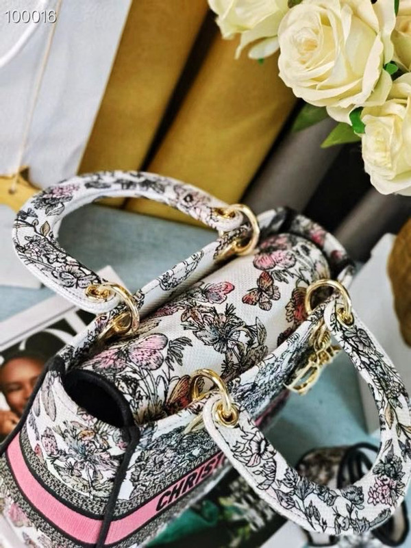 Christian Dior Lady D-Lite Medium Bag 24cm Butterfly Around The World Pietro Ruffo Embroidery, White and Pastel Pink
