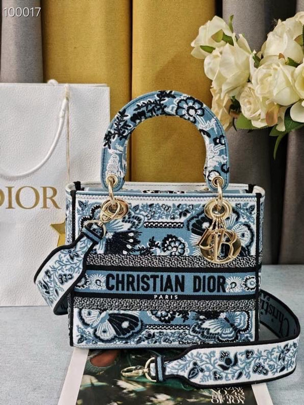 Christian Dior Lady D-Lite Medium Bag 24cm Butterfly Bandana Embroidery, Denim Blue Multicolor