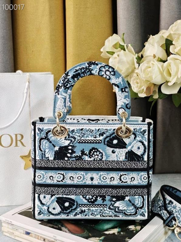 Christian Dior Lady D-Lite Medium Bag 24cm Butterfly Bandana Embroidery, Denim Blue Multicolor