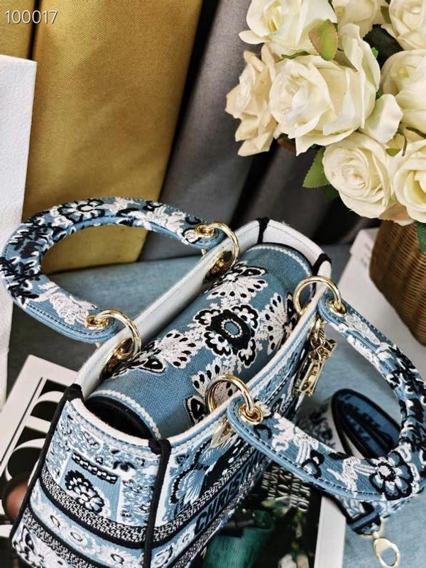 Christian Dior Lady D-Lite Medium Bag 24cm Butterfly Bandana Embroidery, Denim Blue Multicolor