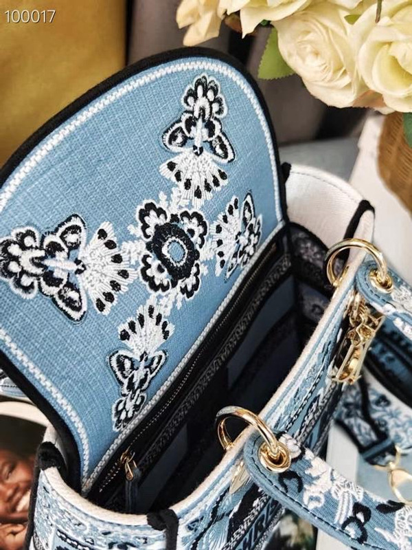 Christian Dior Lady D-Lite Medium Bag 24cm Butterfly Bandana Embroidery, Denim Blue Multicolor